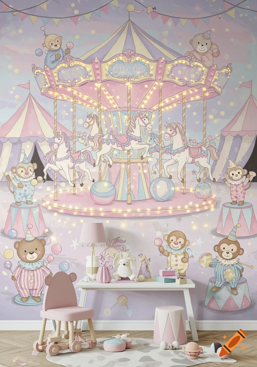 Pastel illustration of a children's room mural featuring a whimsical circus carousel with horses, cute animal clowns, and playful furniture.