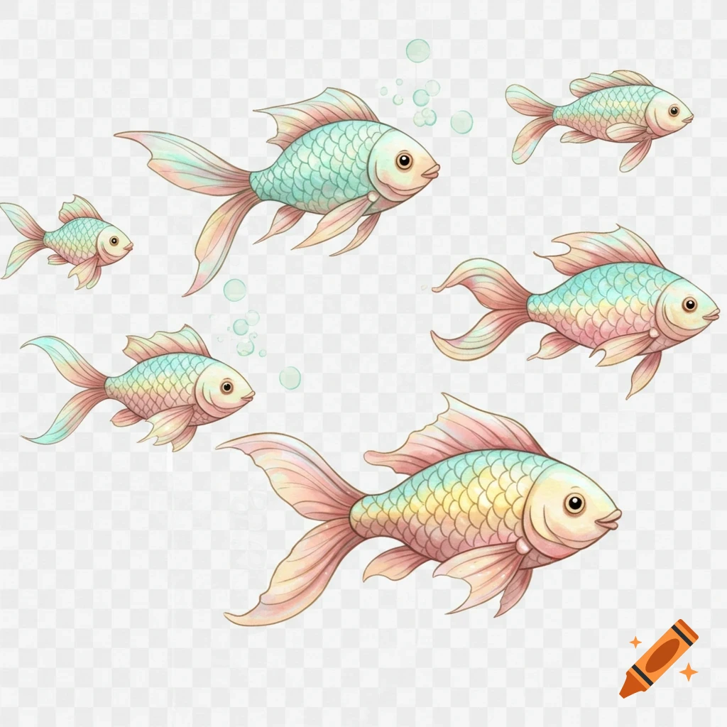 Five pastel watercolor fish of varying sizes swimming with bubbles on a transparent background.
