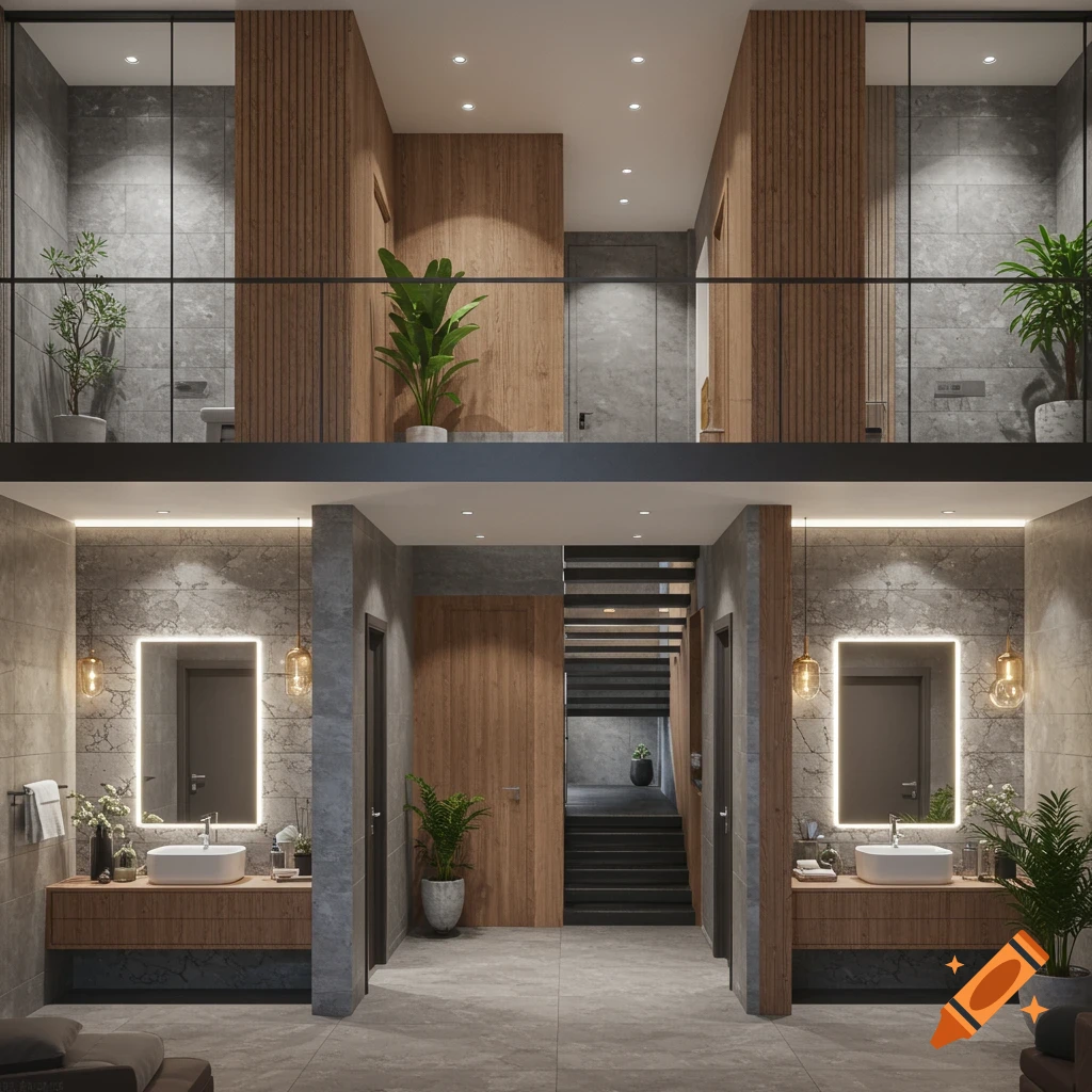A modern, multi-level interior featuring stone and wood accents, multiple bathrooms with sinks and mirrors, and a central staircase.