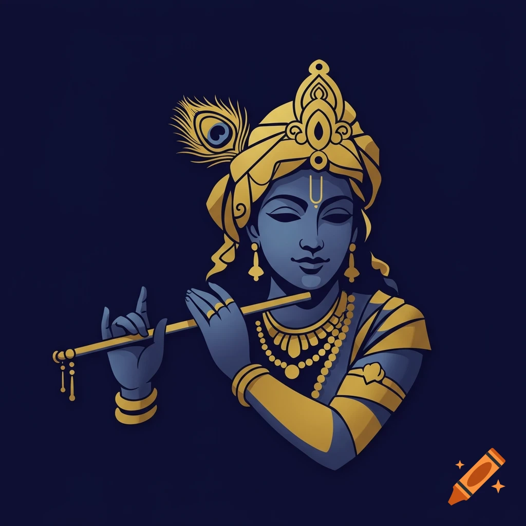 Stylized geometric illustration of Krishna playing a golden flute on a dark blue background.