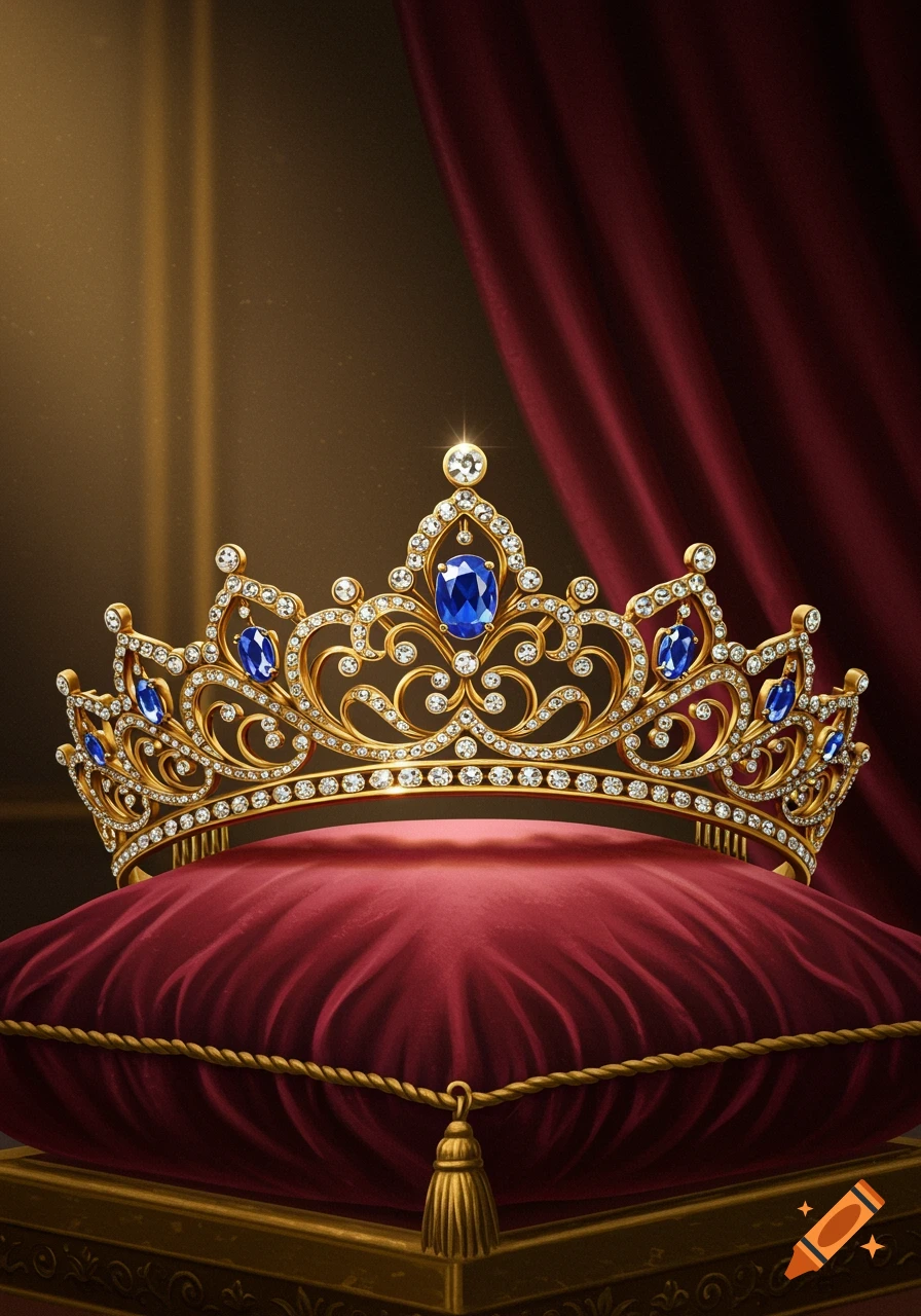 A golden crown with diamonds and blue sapphires rests on a red velvet pillow with a gold tassel, set against a dark red curtain.
