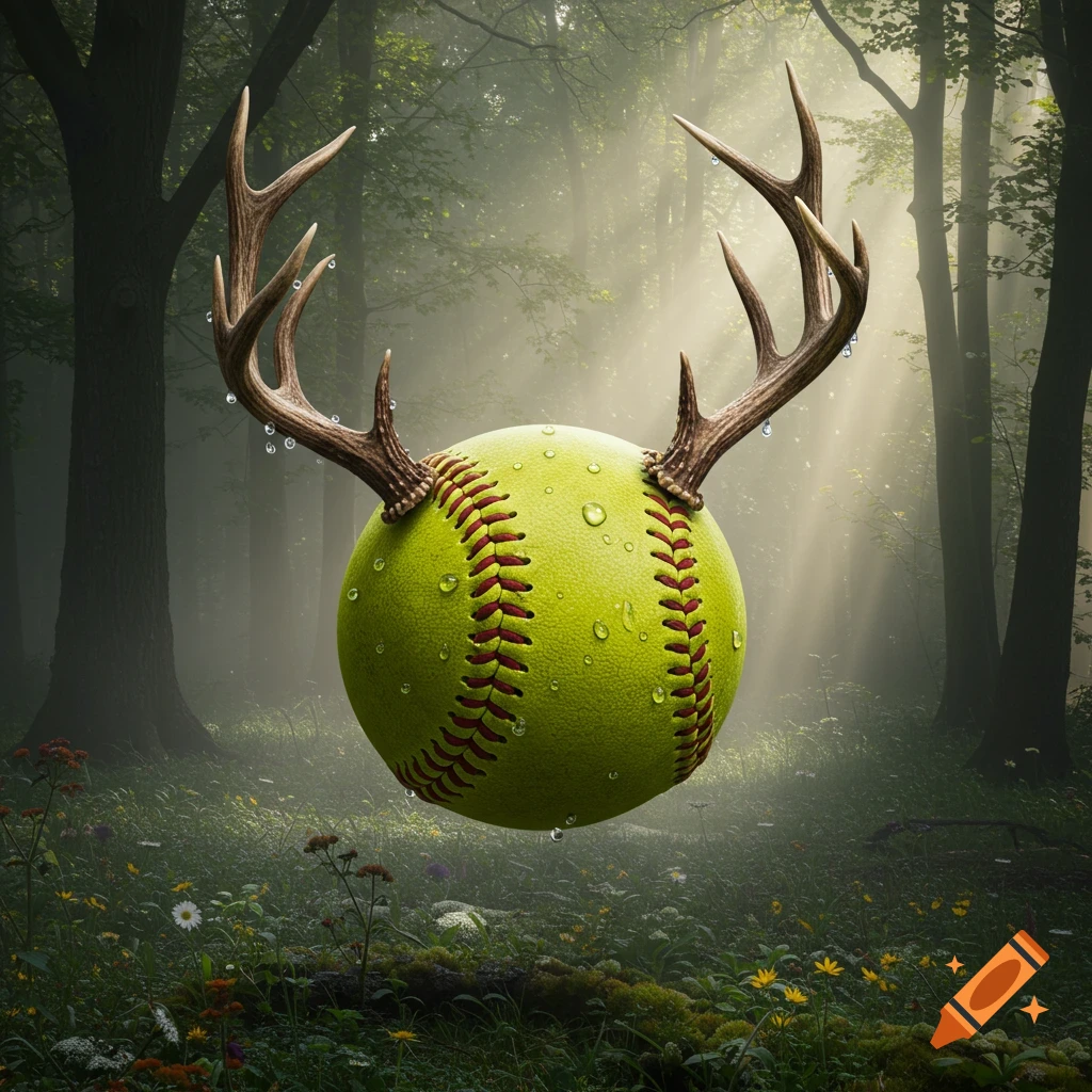 A bright yellow softball with red stitching and dew drops floats in a misty forest, adorned with realistic brown elk antlers.