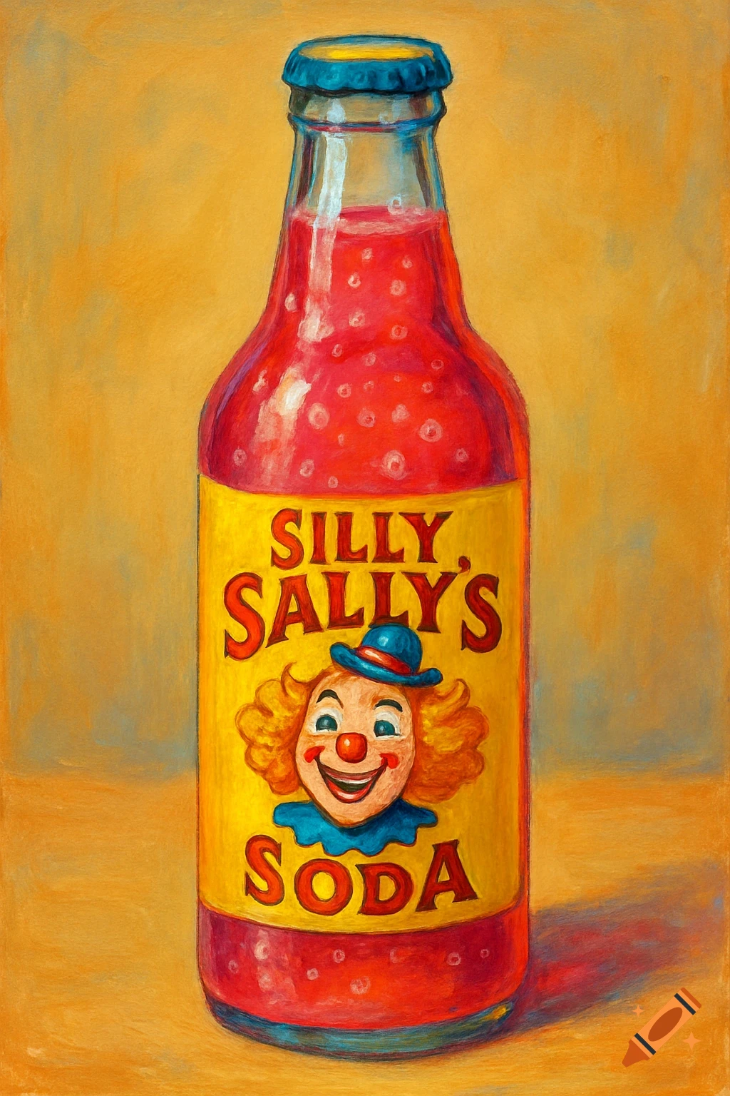 A painting of a soda bottle with a yellow label that says "Silly Sally's Soda" and features a smiling clown face. The soda is vibrant pink.