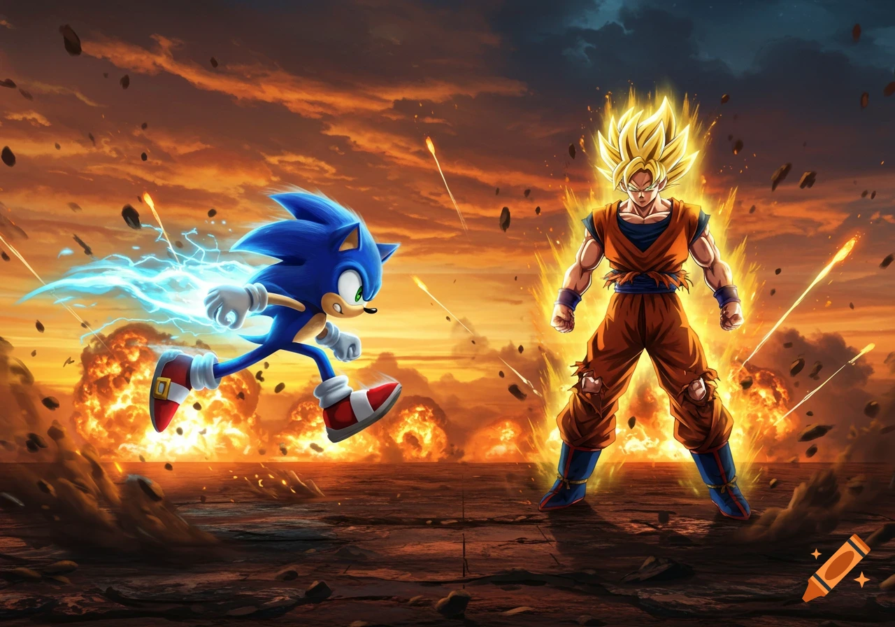 Sonic the Hedgehog runs towards a powerful, glowing Super Saiyan Goku on a battle-scarred landscape with explosions under an orange sky.