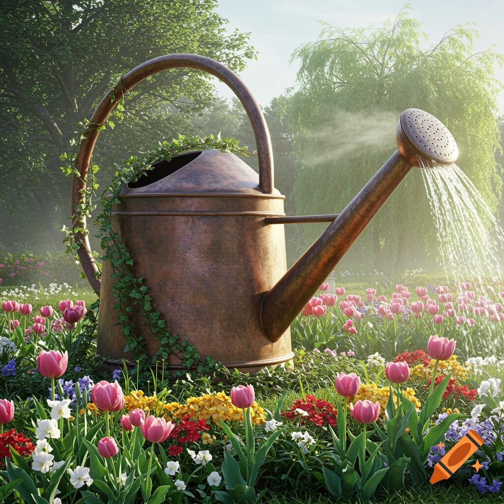 A giant, weathered copper watering can in a vibrant flower garden, watering pink tulips and other colorful blooms under a sunny sky.
