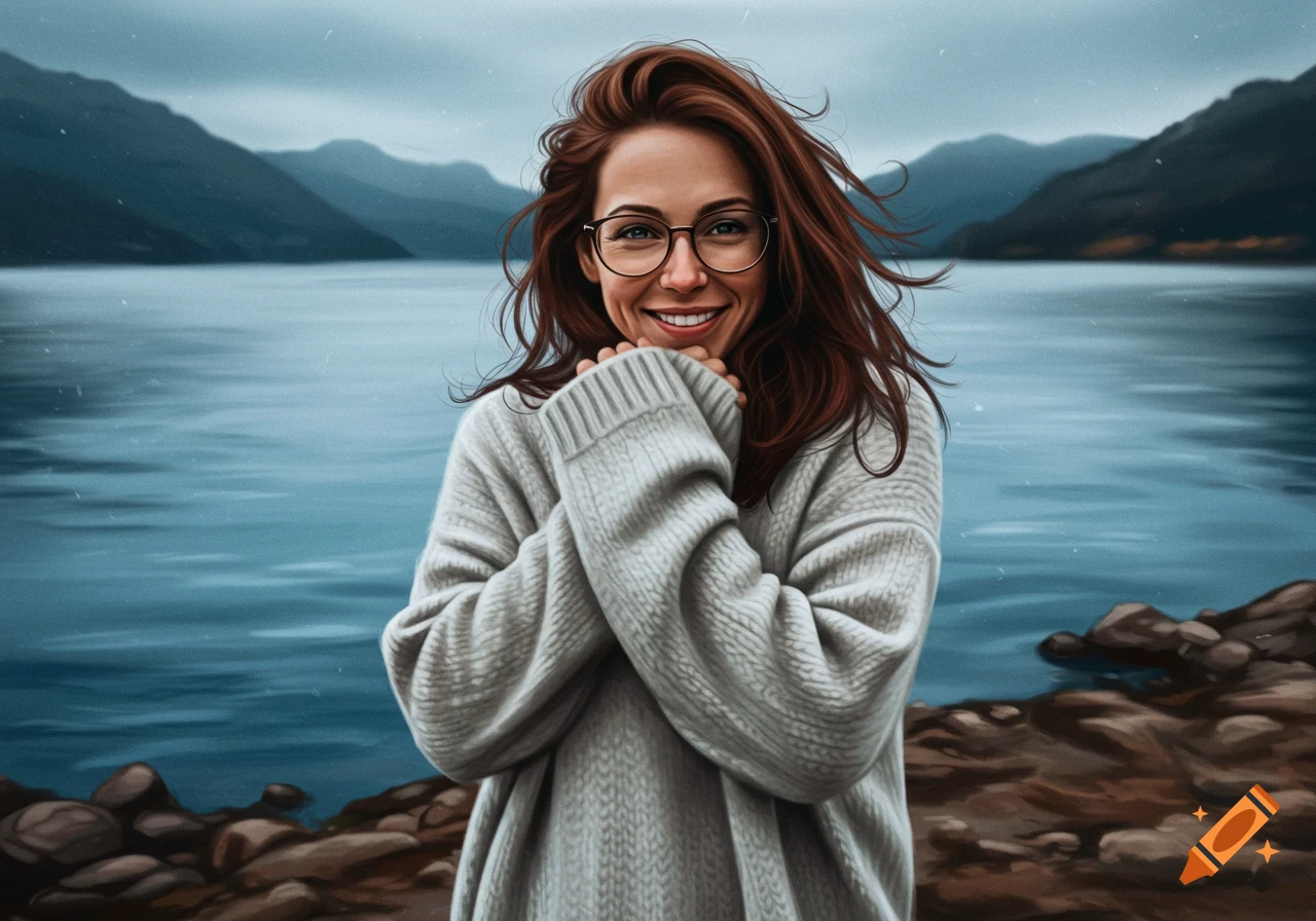 Smiling woman with wind-blown hair and glasses in a sweater by a lake with mountains in the background.