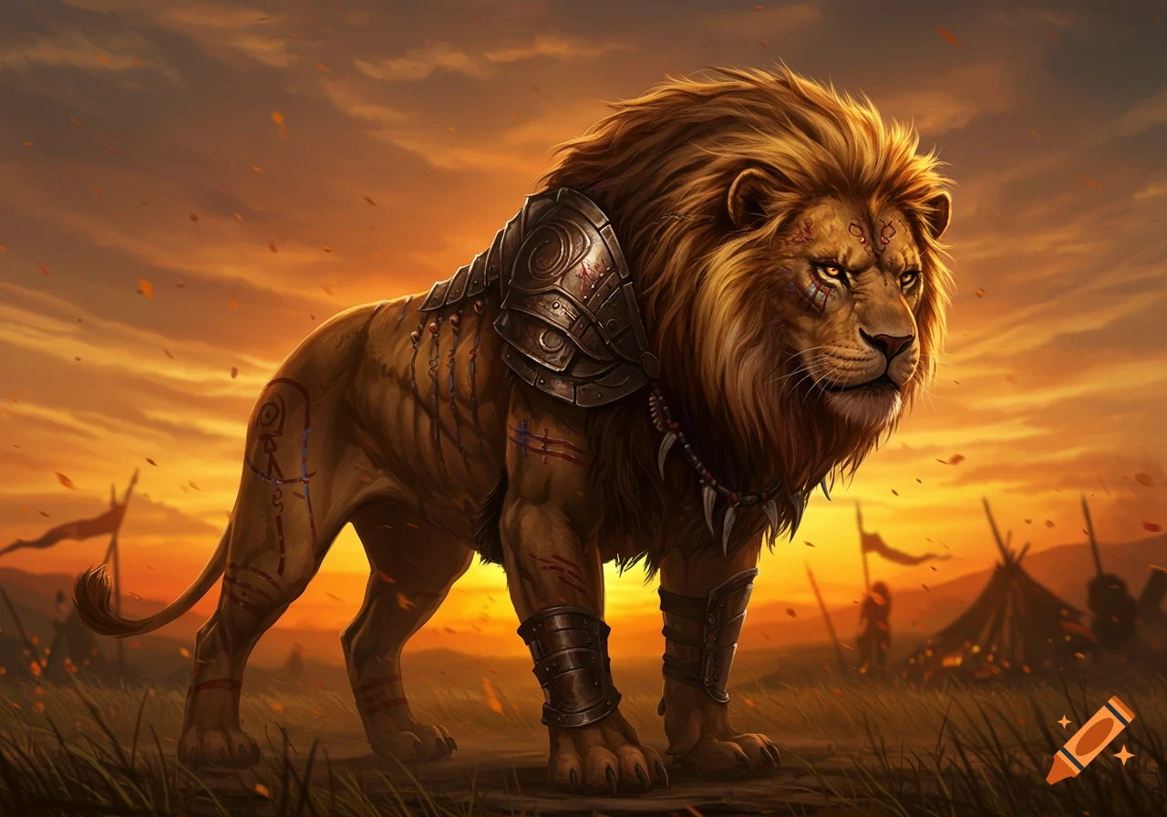 A majestic, armored lion with tribal markings stands in a grassy field against a fiery sunset, with tents in the background.