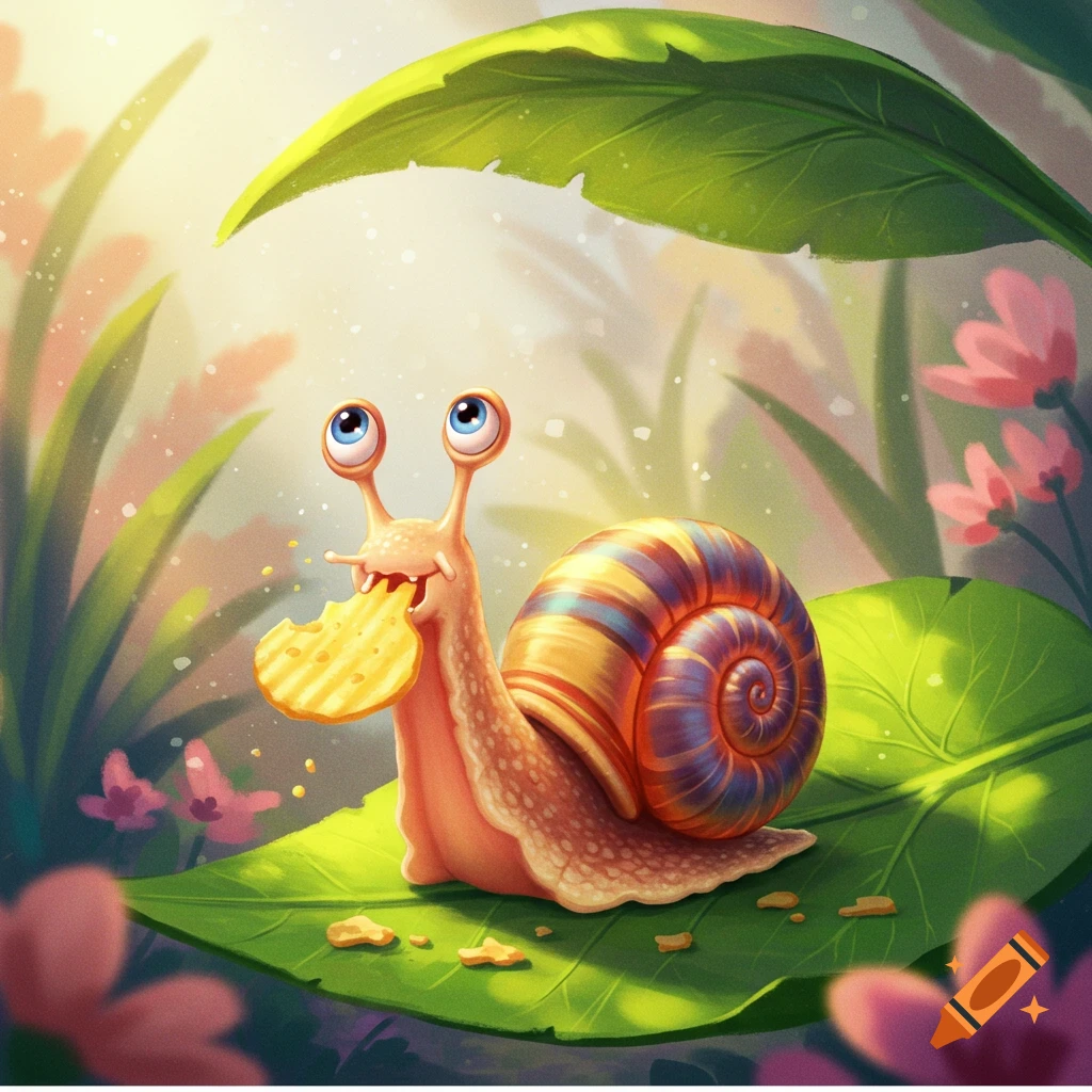 A cute cartoon snail with big eyes eats a potato chip on a green leaf in a sunny garden.