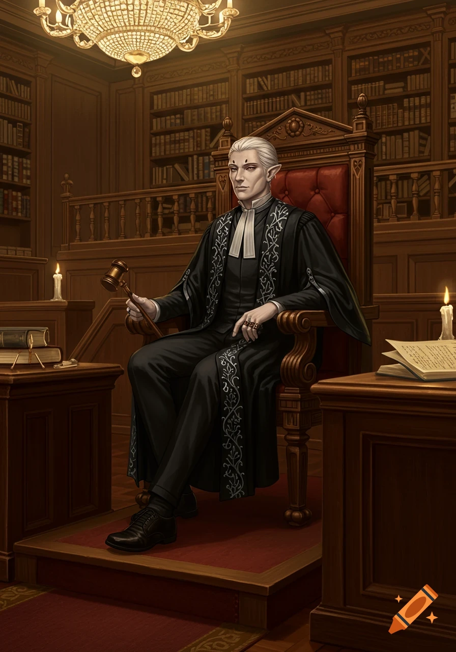 A white-haired elf-like judge in black robes with silver embroidery sits on a red throne in a wooden courtroom, holding a gavel.