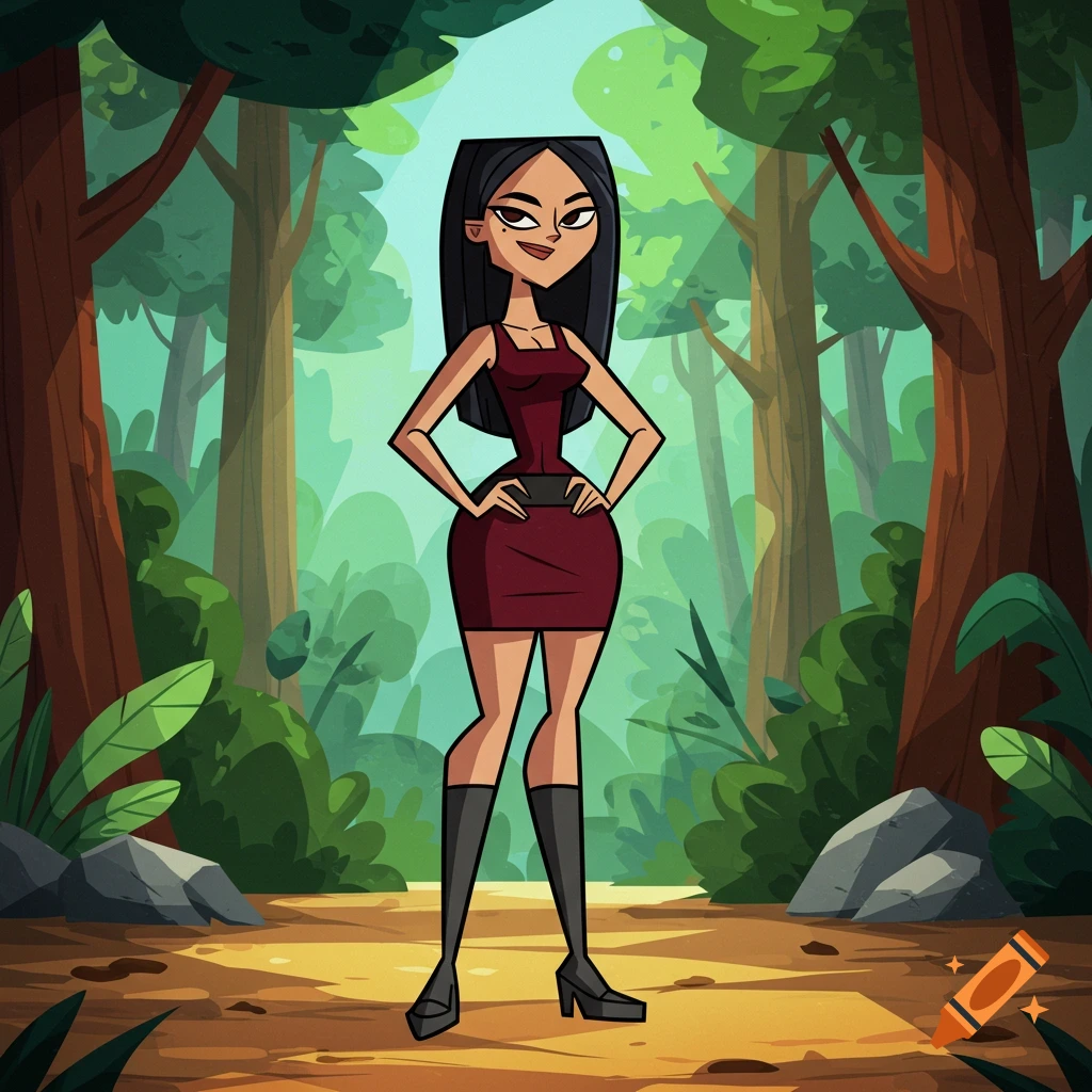 A cartoon woman with long black hair, wearing a red dress and black boots, stands in a forest with her hands on her hips.