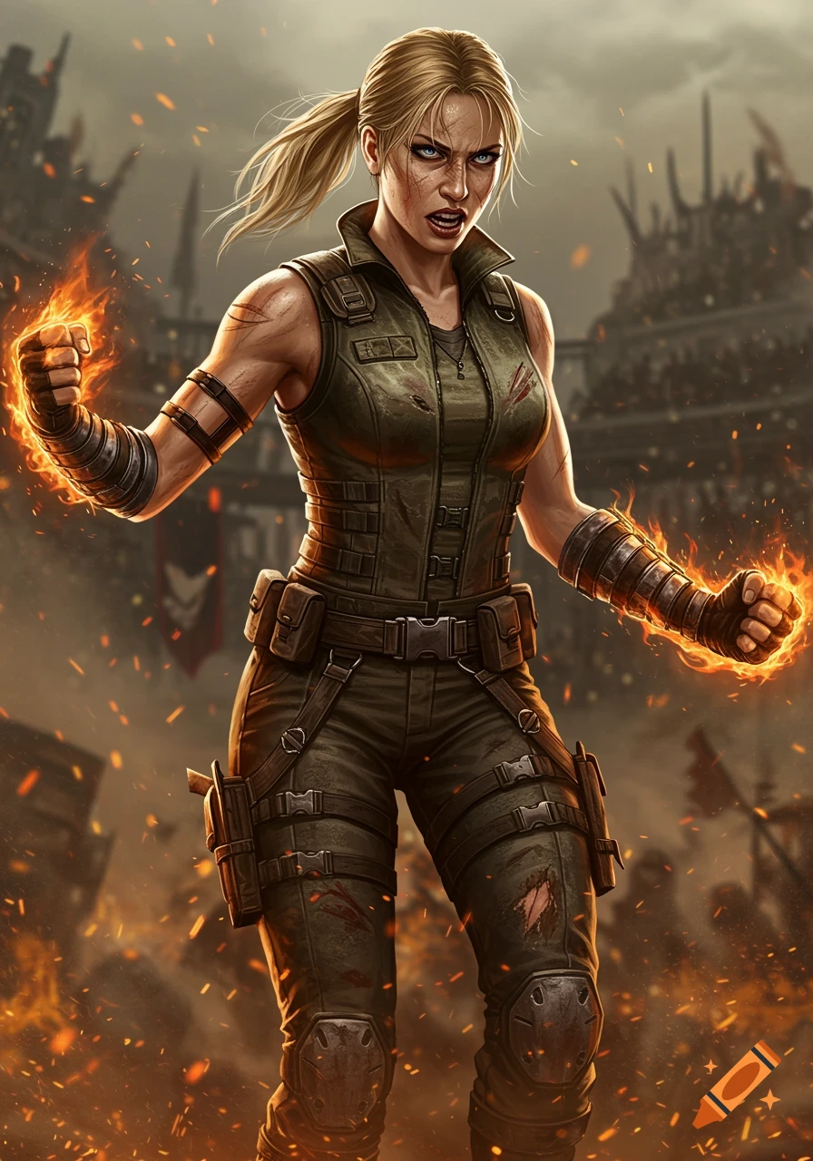 A powerful female warrior, Sonya Blade, stands in a battle-torn arena, her fists engulfed in fire, in a detailed illustration.