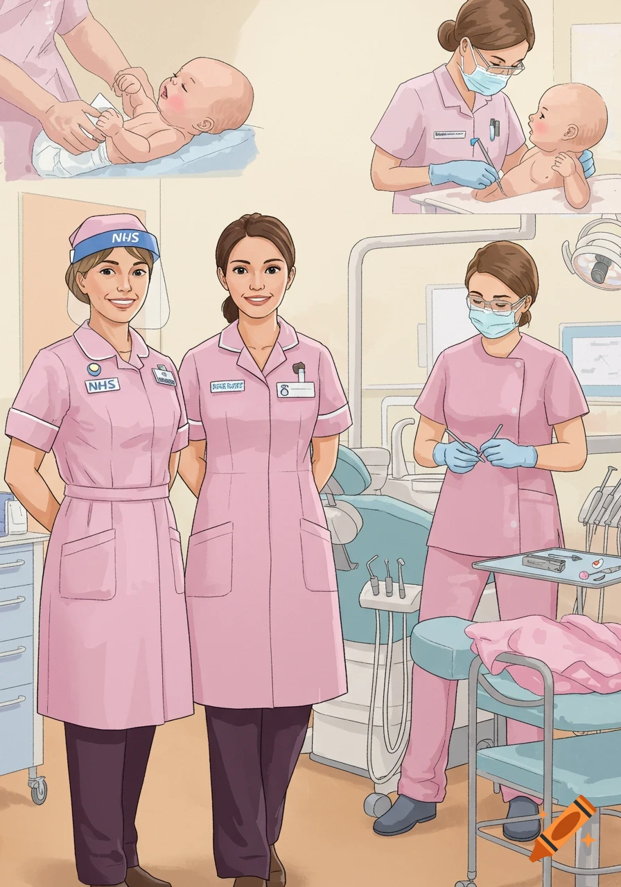 Illustration of nurses and a dentist in pink uniforms, showing a diaper change with a baby and a dental exam.