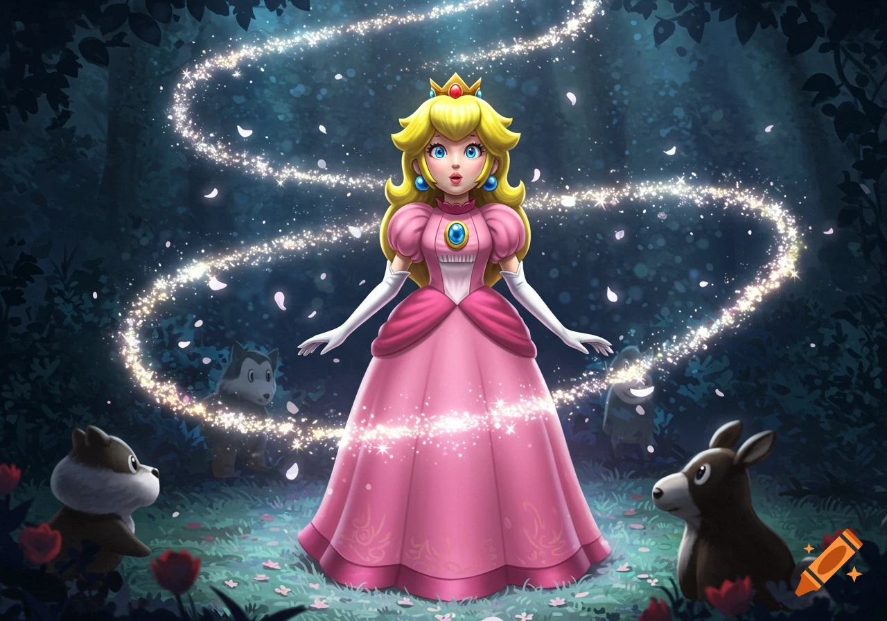 Princess Peach in a pink dress stands in an enchanted forest with glowing light trails and small creatures.