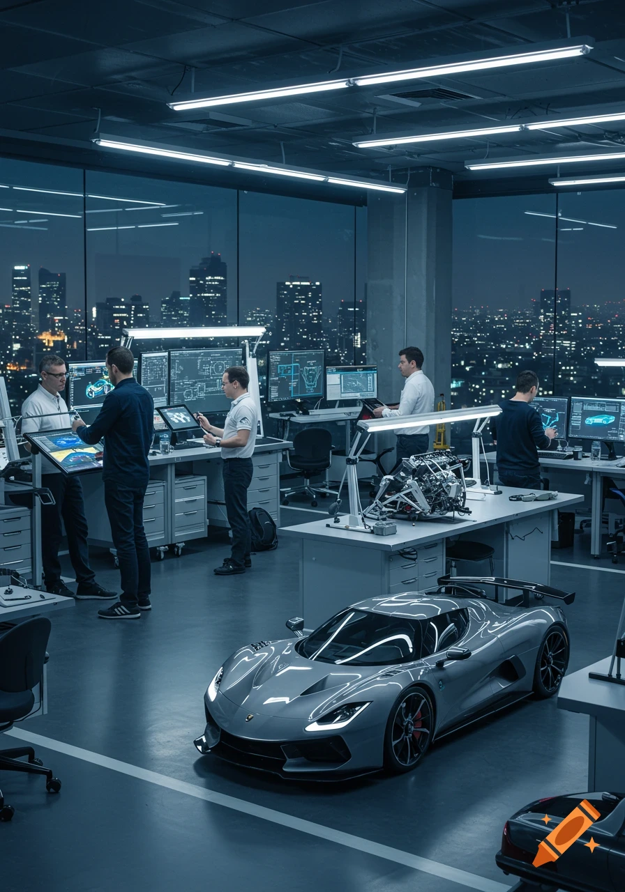 Engineers in a modern design studio with hypercars, overlooking a city skyline at night.