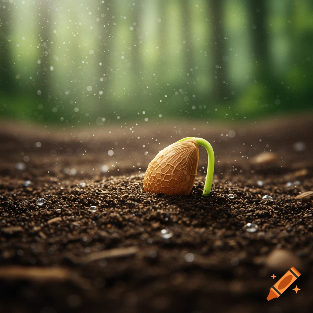A photorealistic close-up of a seed sprouting in dark soil with water droplets, against a blurred green forest background.