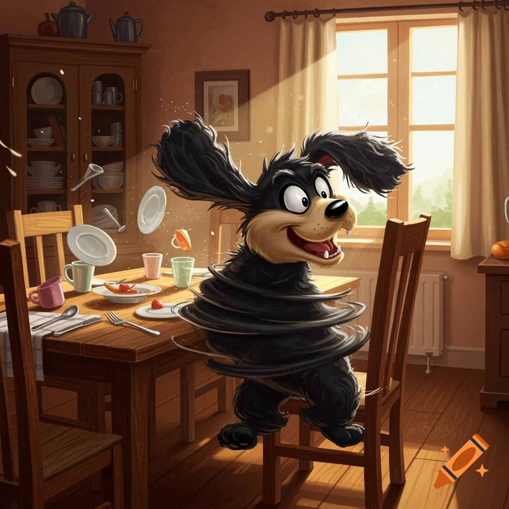 A cartoon black dog, resembling the Tasmanian Devil, spins wildly through a dining room, scattering dishes and cutlery from the table.
