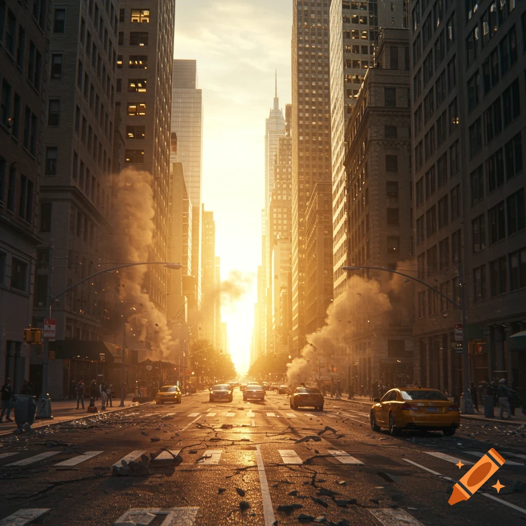 A semi-realistic, golden hour view of a New York City street with tall buildings, debris, and smoke, resembling a superhero aftermath.
