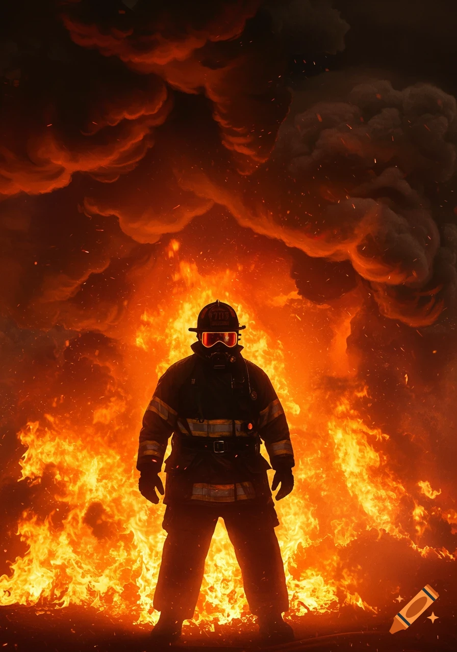 A firefighter stands heroically amidst massive flames and smoke.