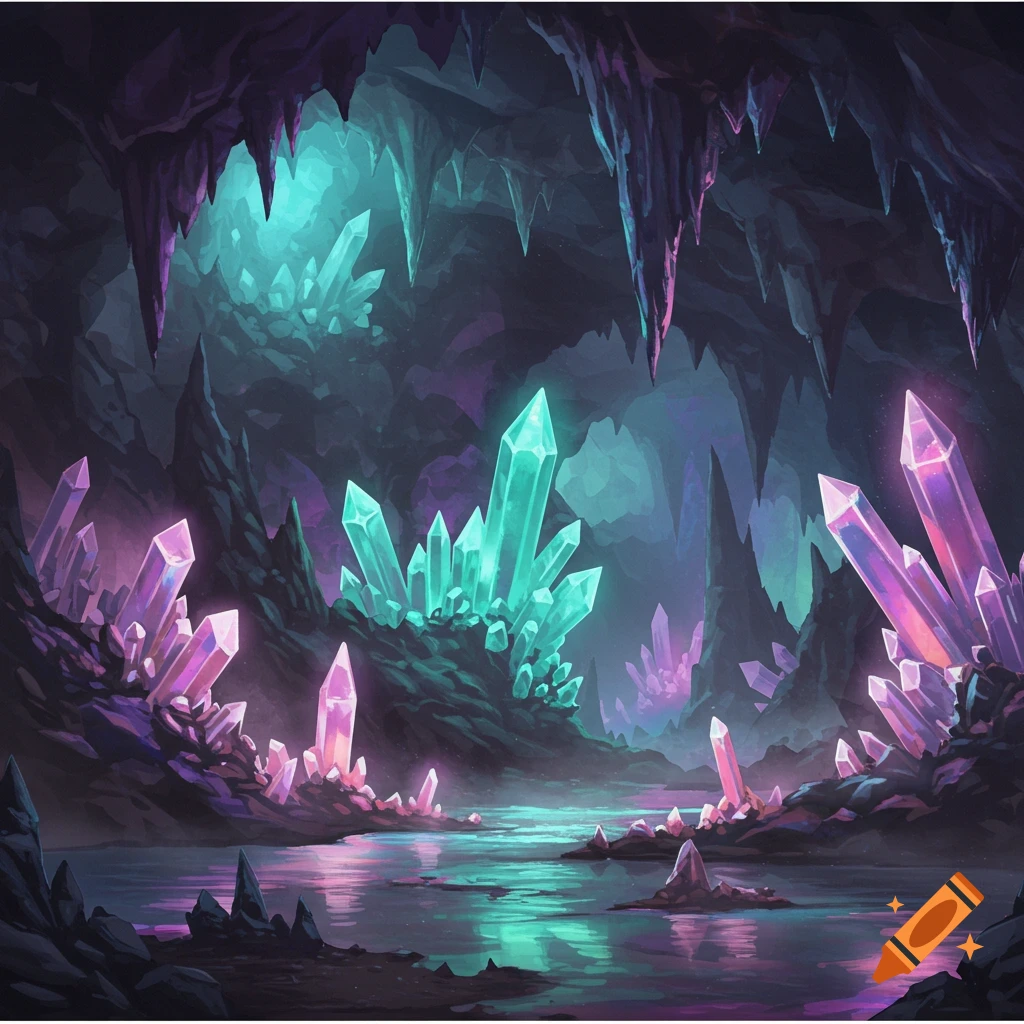 A vibrant fantasy cave filled with glowing teal and pink crystals reflecting in a pool of water.