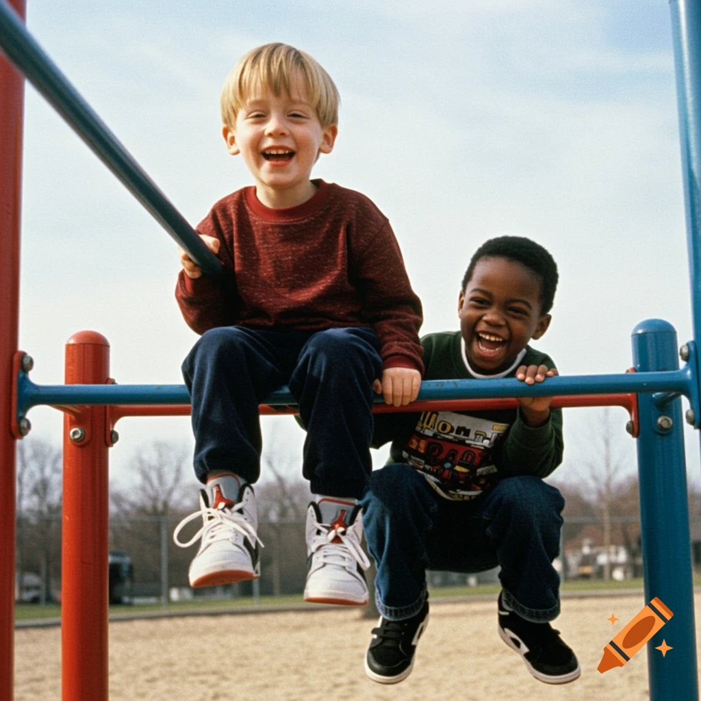 Two young boys, one white and one Black, laugh while sitting on monkey bars at a playground under a bright sky.