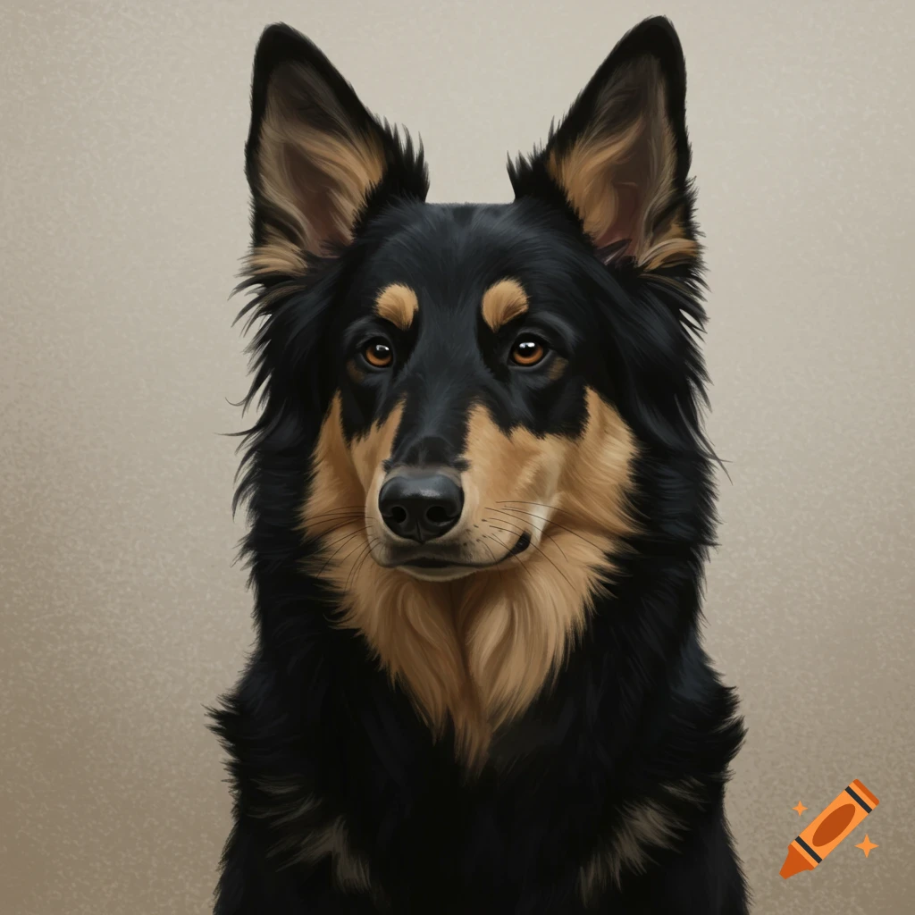 Realistic headshot of a black and tan dog with upright ears and long fur.