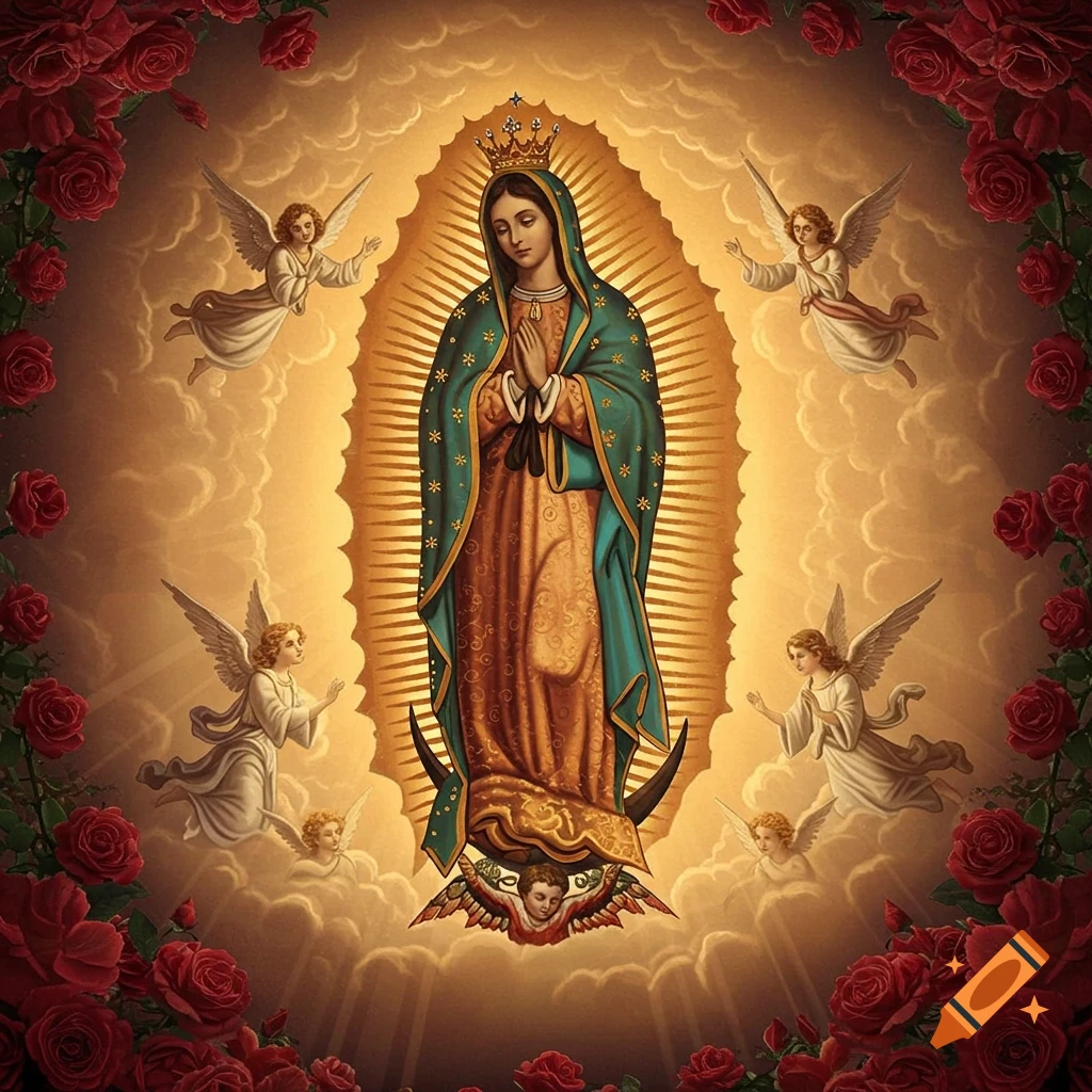 A classic depiction of the Virgin Mary surrounded by a golden aura and angels, framed by red roses.