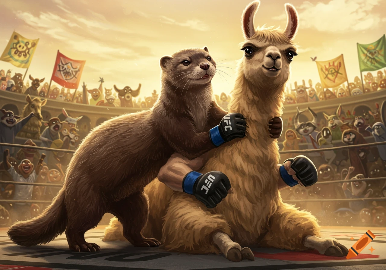 A brown mink in blue UFC gloves applies a guillotine choke to a tan llama in a crowded fighting arena at sunset, in an illustrated style.