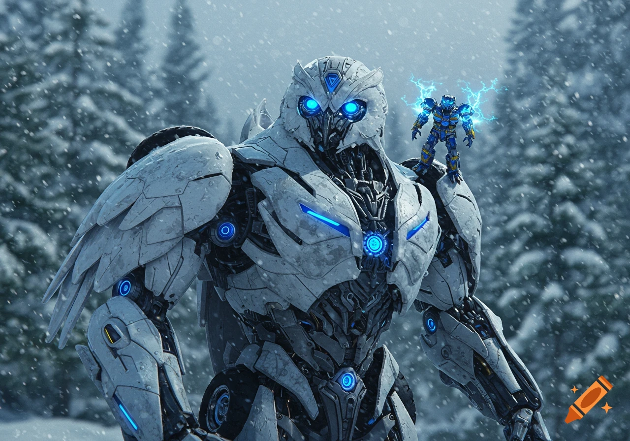 A large, detailed white owl-like robot with glowing blue eyes stands in a snowy forest. A smaller blue robot with lightning stands on its shoulder.