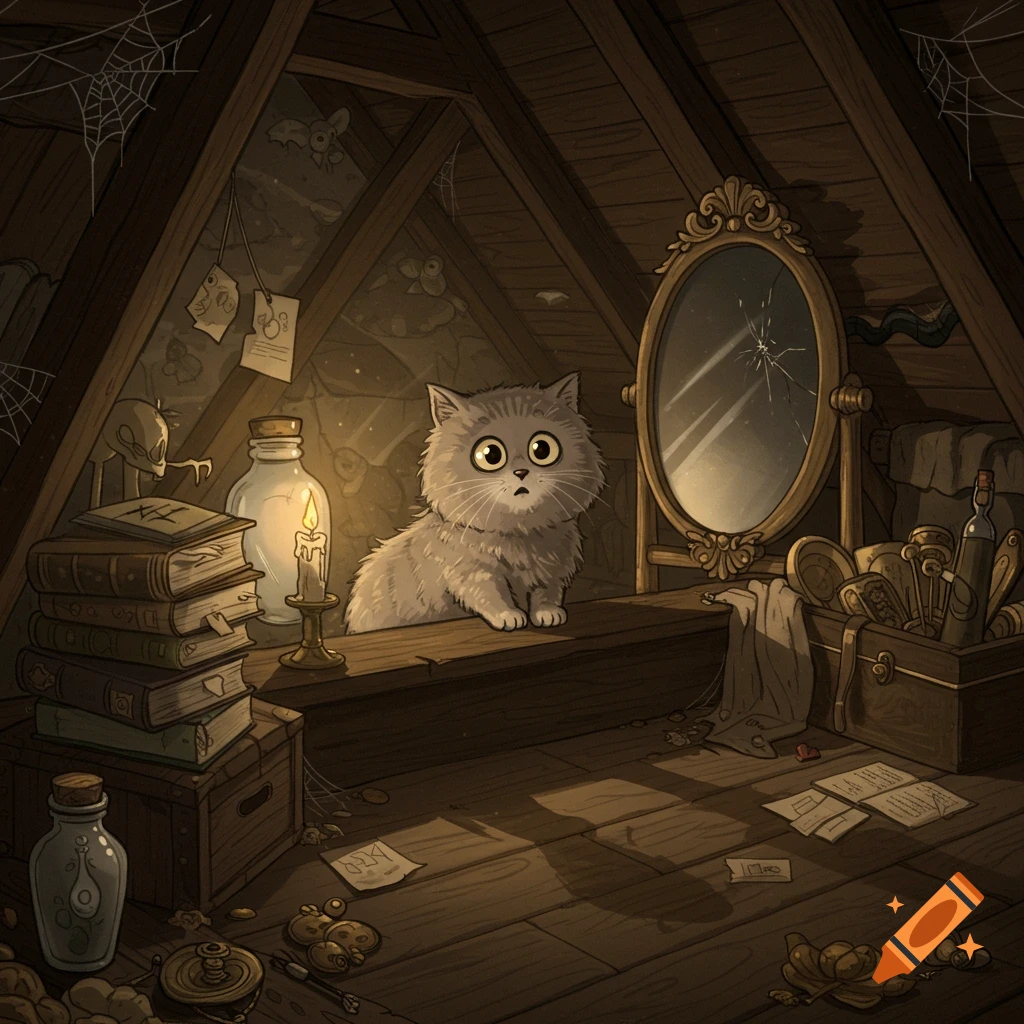 A scared-looking gray cat with wide eyes sits in a dimly lit, dusty attic among old books, a lit candle, and a broken mirror.