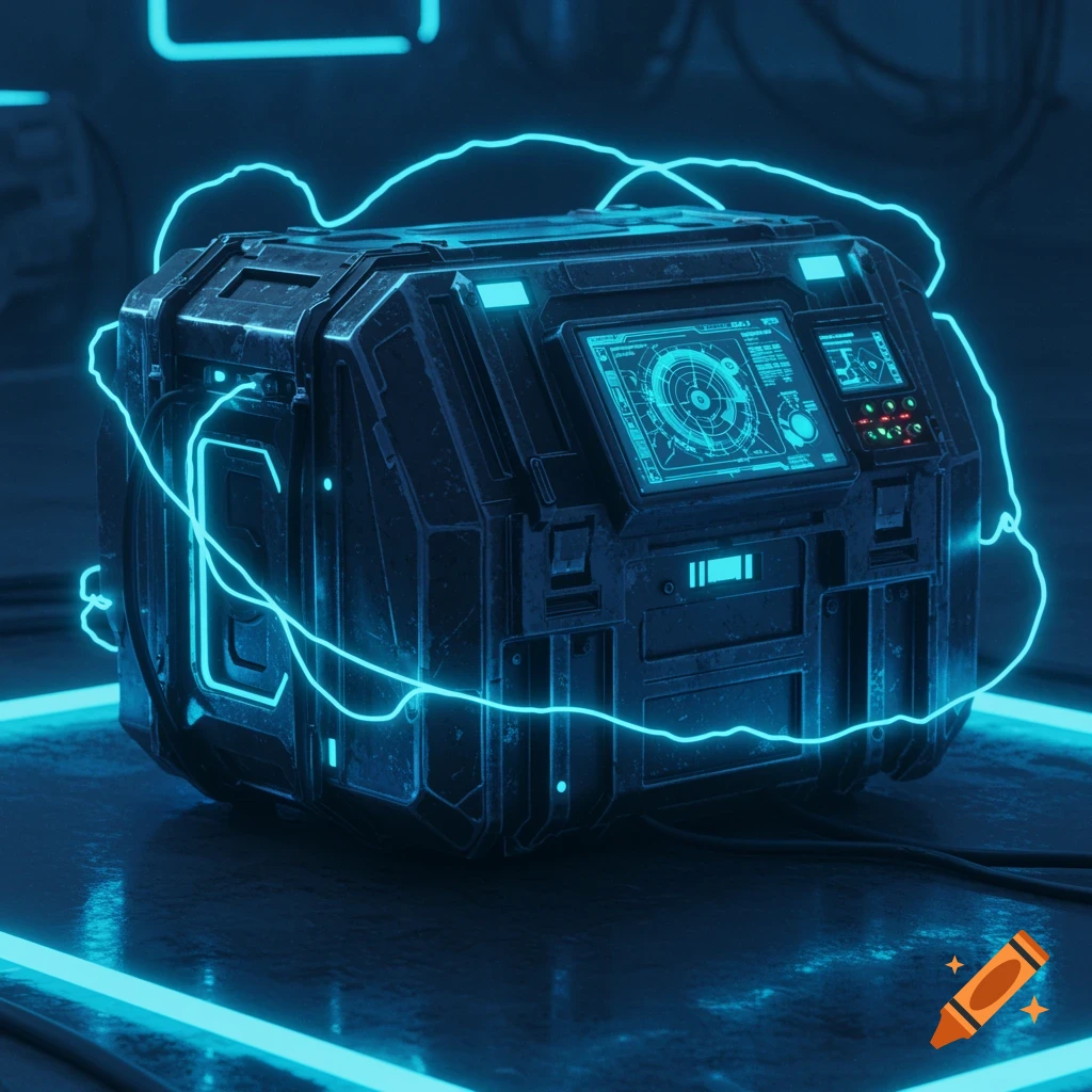 A futuristic sci-fi crate with glowing blue lines and digital screens in a dark setting.