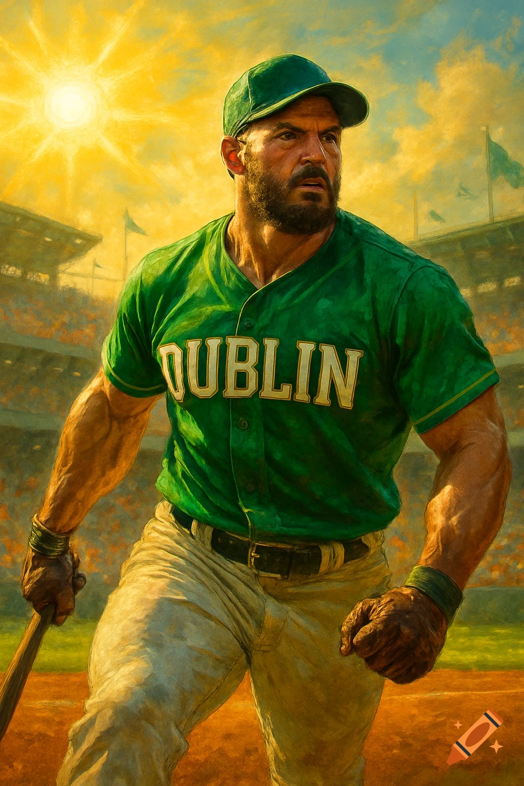A muscular baseball player in a green "DUBLIN" jersey and cap, with a beard, holds a bat in a sunny stadium.