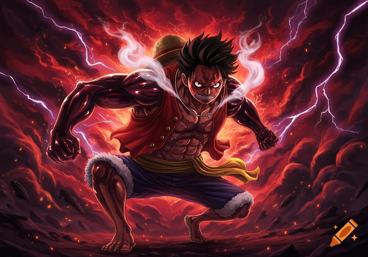 Luffy in Gear 2, muscular and shirtless, surrounded by red energy and lightning in an anime style.