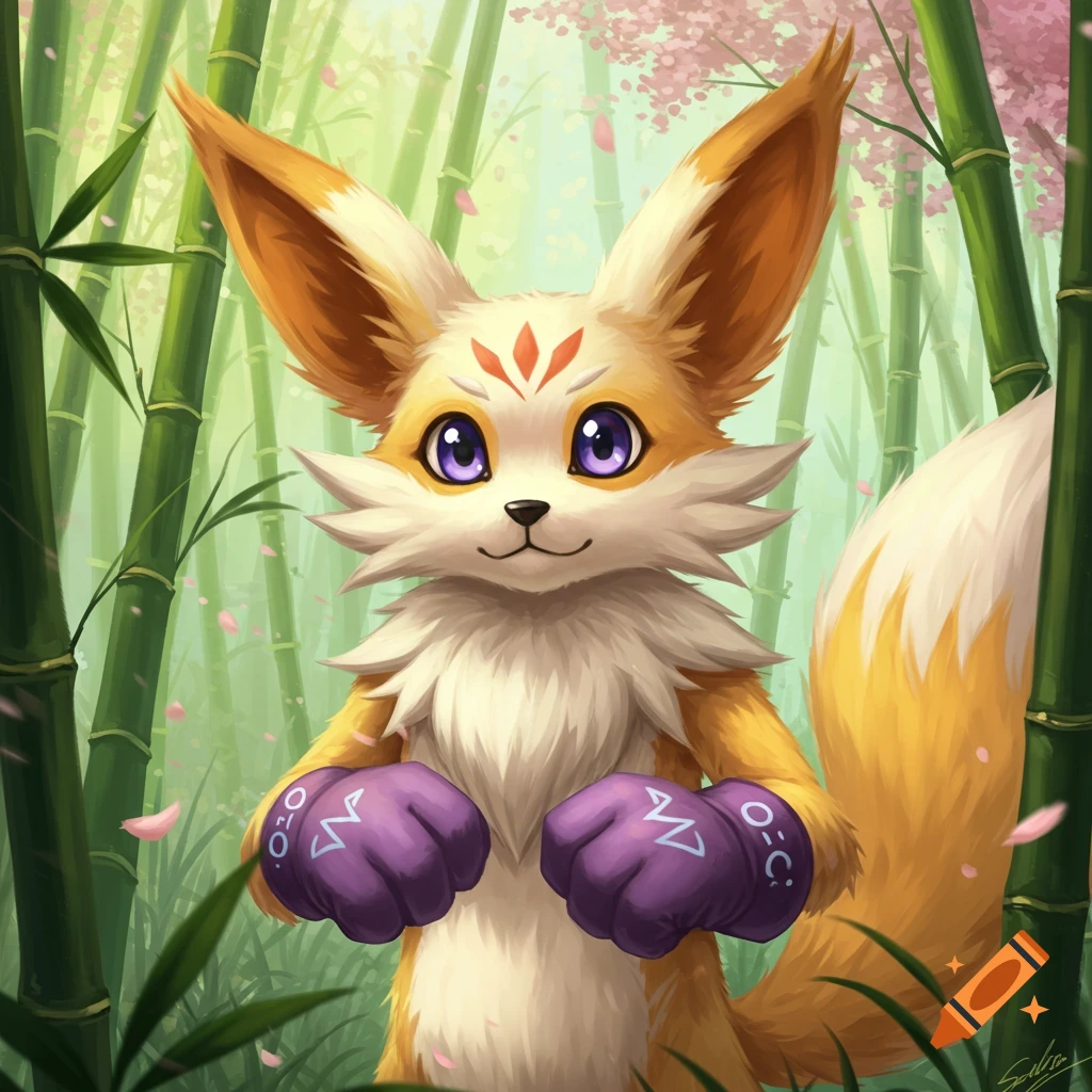 A cute orange and white fox-like creature with large ears and purple gloves stands in a bamboo forest with pink blossoms.
