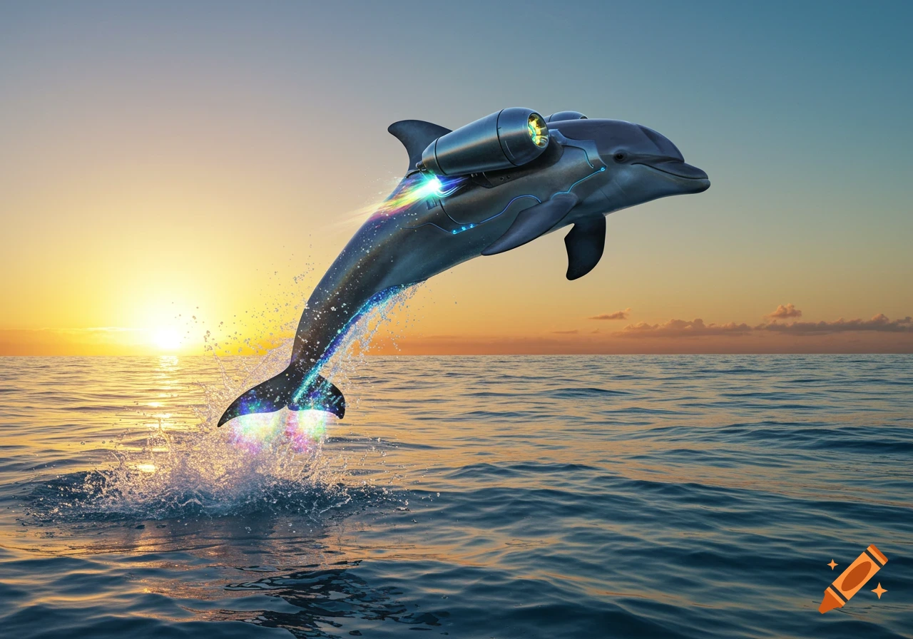 A photorealistic jet-powered dolphin leaps out of the ocean against a vibrant sunset sky.
