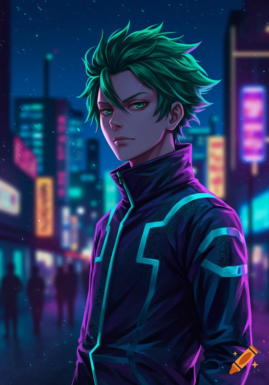 Anime guy with spiky green hair and glowing green eyes in a dark jacket with neon lines, standing in a blur of neon city lights at night.