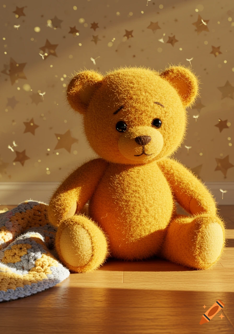 A fluffy yellow teddy bear sits on a wooden floor next to a blue and yellow crochet blanket, with star decals on the wall.
