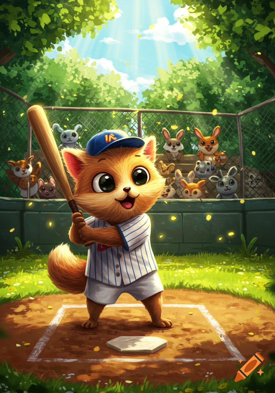 A cute, fluffy cat-like creature in a baseball uniform bats on a field with other animals watching in a cartoon style.