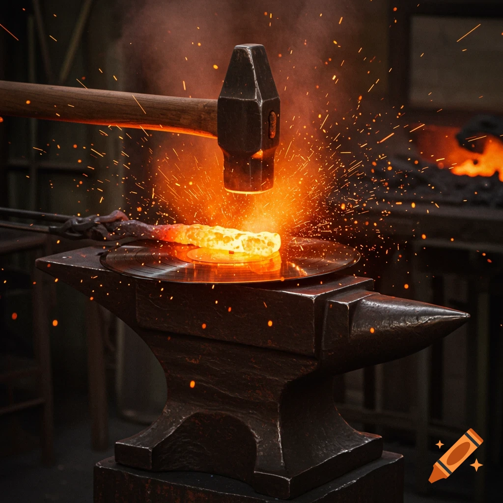 A blacksmith's hammer strikes a glowing hot vinyl record on an anvil, sending sparks flying in a dark forge.