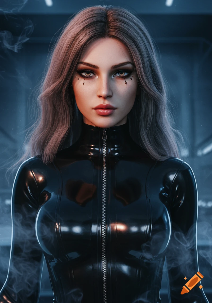 Ultra-realistic digital art portrait of a woman in a shiny black latex suit with dramatic eye makeup.