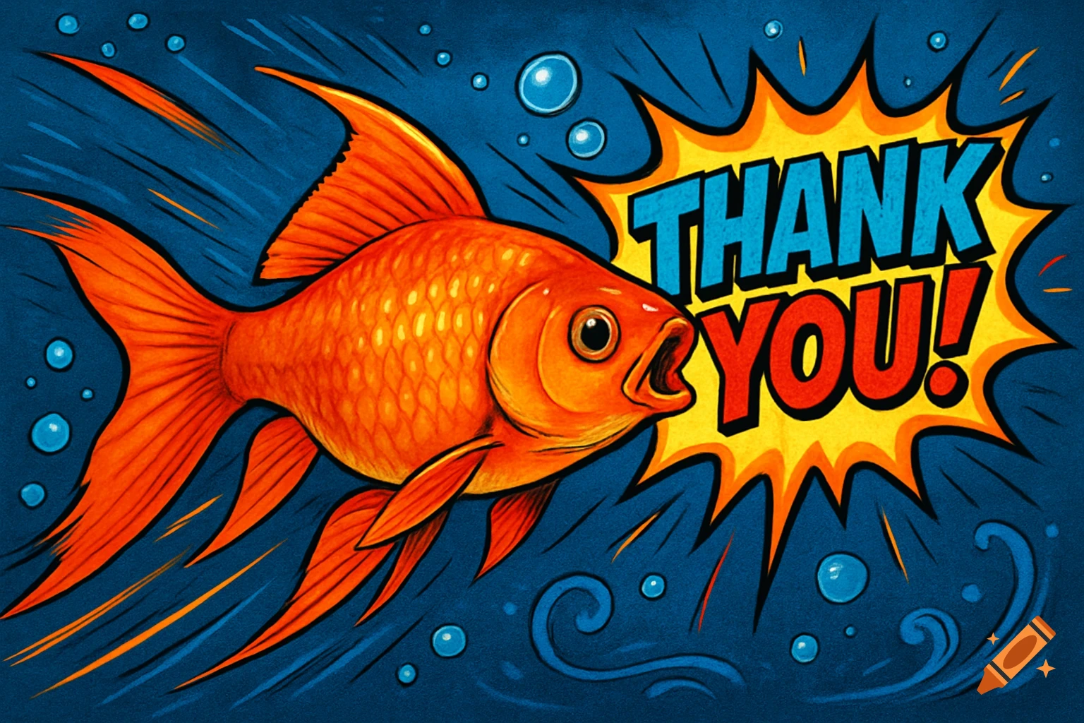 A vibrant orange goldfish in a comic book style, saying "THANK YOU!" in a yellow explosion bubble underwater.