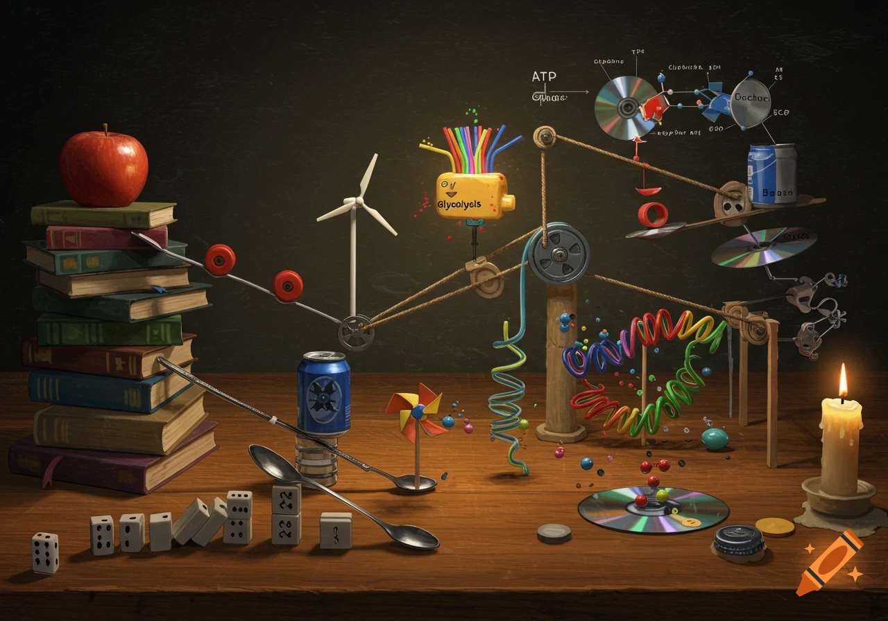 A detailed Rube Goldberg machine made from everyday objects like books, CDs, cans, and ropes, symbolizing cellular respiration steps on a dark wooden surface with an apple and a lit candle.