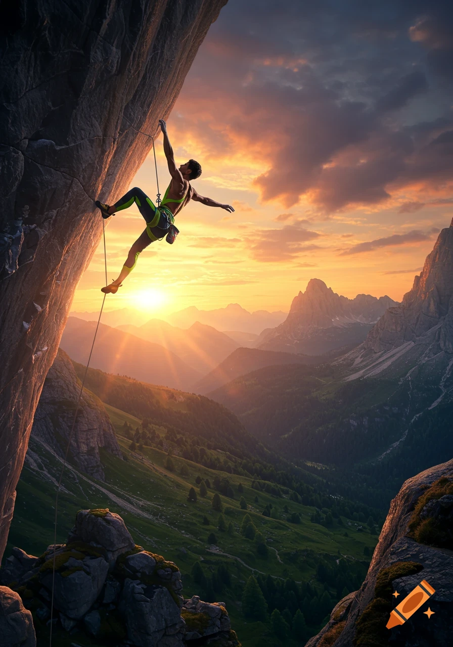 A male rock climber scales a steep rock face against a stunning sunset over a vast mountain landscape.