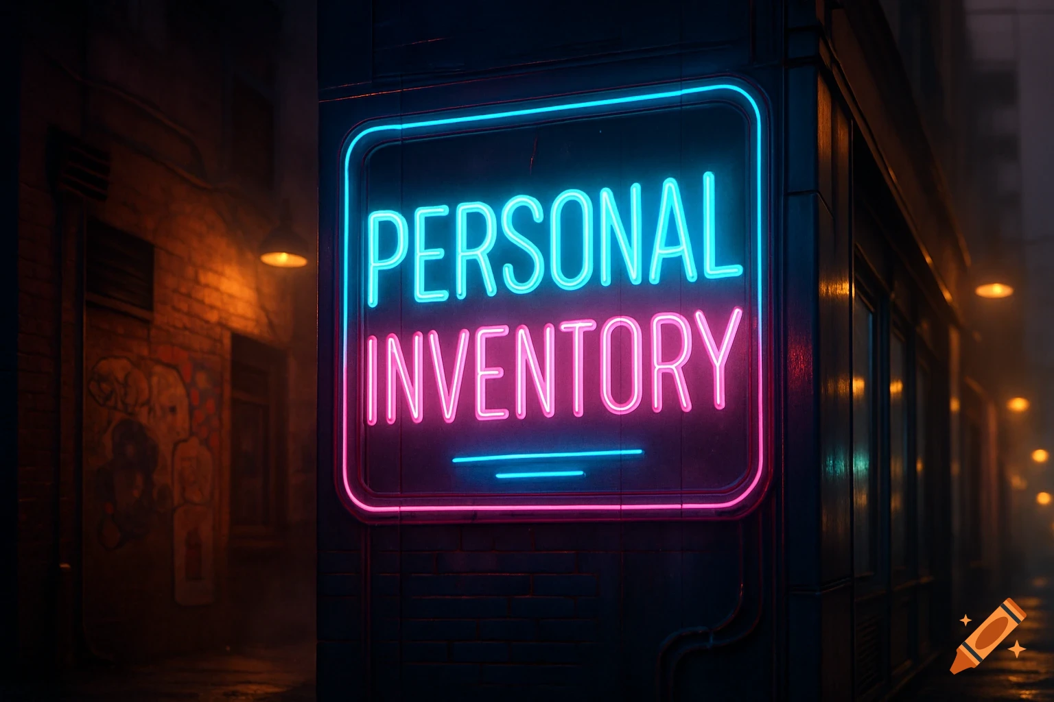 A neon sign displaying PERSONAL INVENTORY in blue and pink, set against a dark, wet urban street at night.