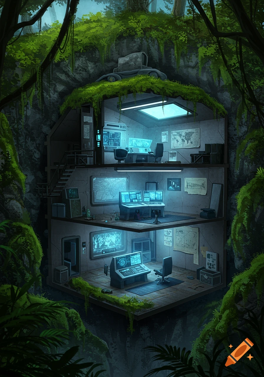 A detailed cutaway illustration of a multi-level high-tech hideout built into a mossy cave, featuring glowing computer screens and office chairs.