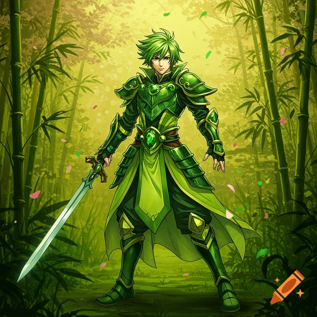 An anime male character in green armor with a sword stands in a lush bamboo forest.