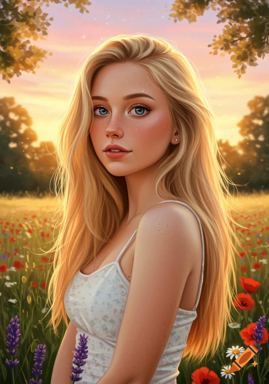 Stylized portrait of a blonde young woman with blue eyes and freckles, bathed in sunlight in a field of wildflowers at sunset.