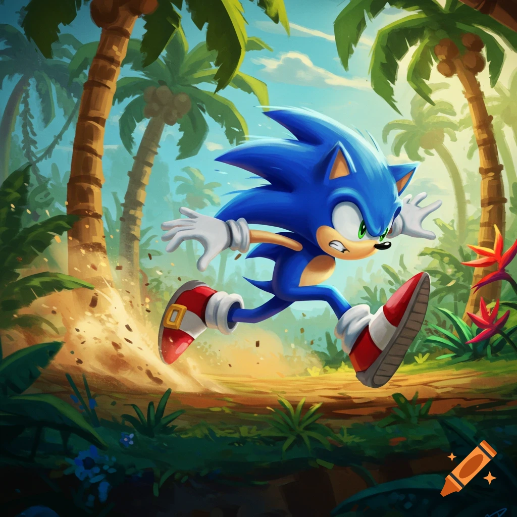 Sonic the Hedgehog runs through a vibrant, sunlit jungle, kicking up dust as he speeds across the path.