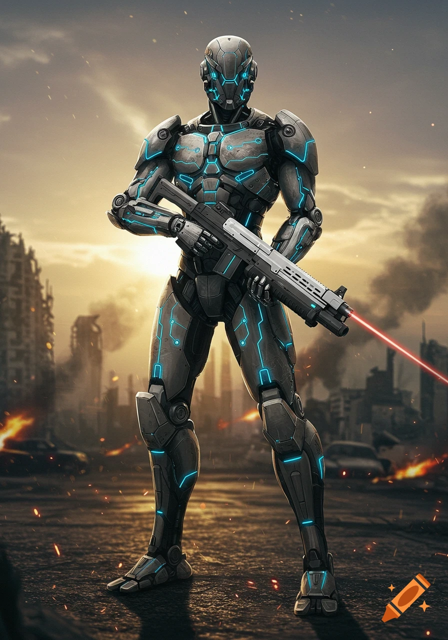 A grey futuristic robot with blue glowing lines stands in a ruined city, holding a rifle with a red laser beam.
