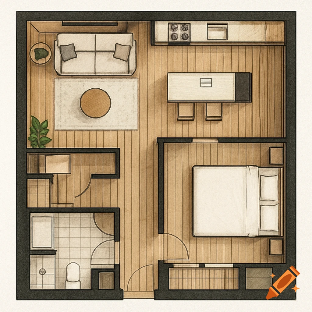 Overhead view of a 1-bedroom apartment floor plan with a living room, kitchen, dining area, bedroom, and bathroom, drawn in a sketched style.