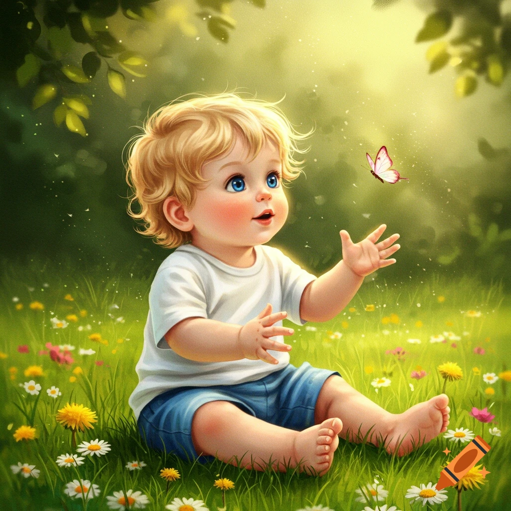 A cute blonde baby with blue eyes sits in a field of wildflowers, looking up at a pink butterfly.